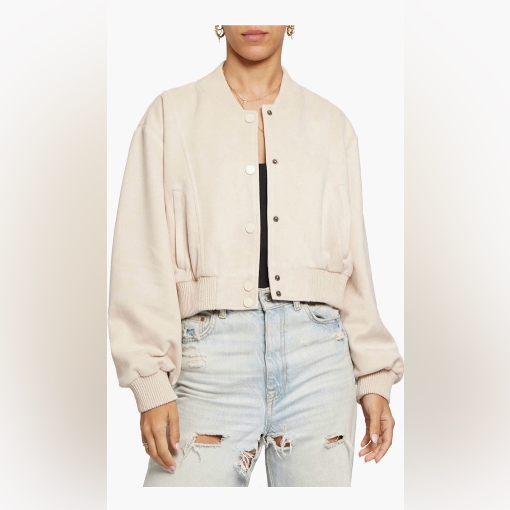 Cream Cropped Bomber Jacket with Relaxed Fit